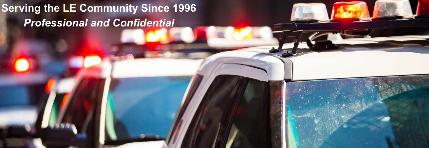 Police vehicles with emergency lights, captioned "Serving the LE Community Since 1996" and "Professional and Confidential," highlighting mortgage services for law enforcement officers.