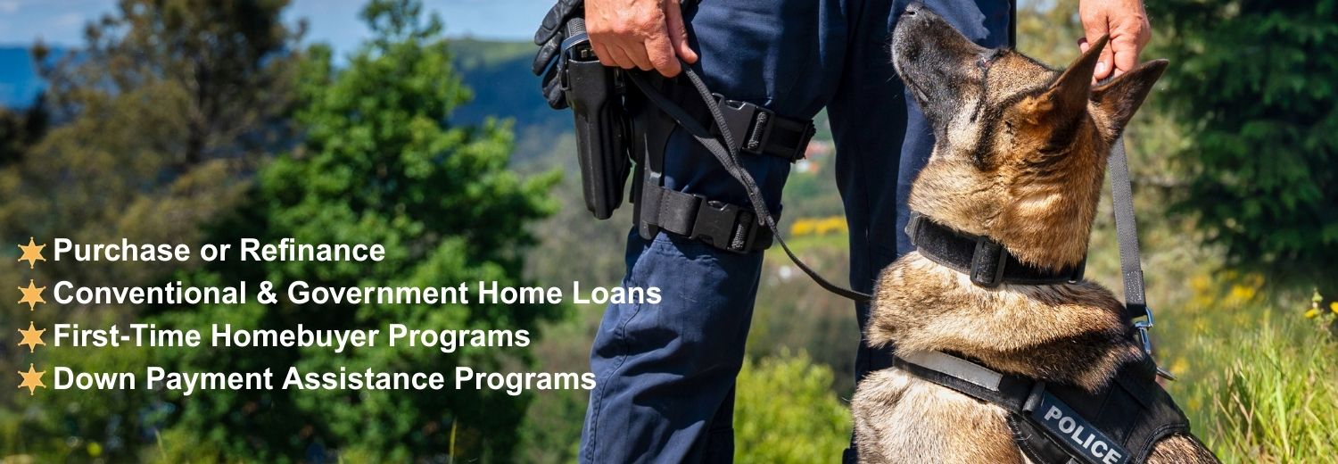 Police officer in uniform standing with a police dog, showcasing mortgage options for law enforcement professionals, including purchase, refinance, and first-time homebuyer programs.